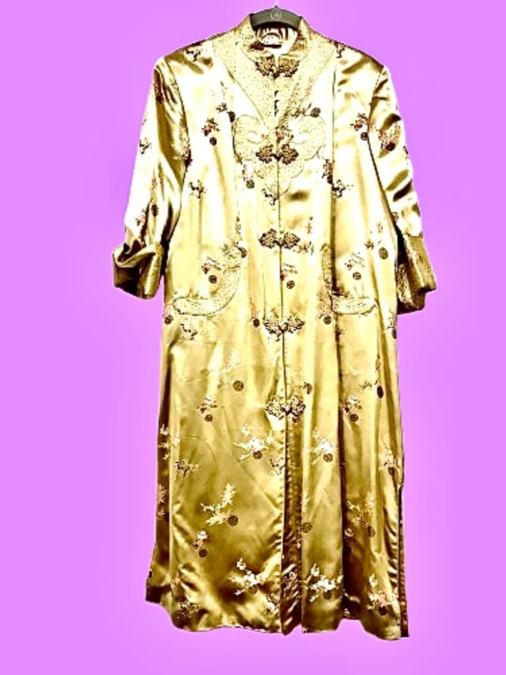 Vintage Silk Brocade Robe Gold Embroidered Hong Kong Coat Kimono Womens 38